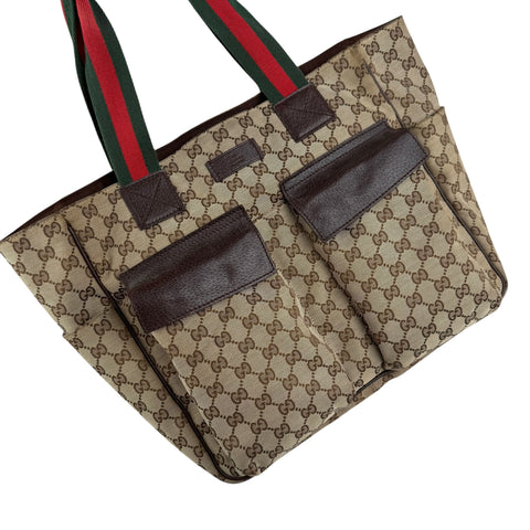 Pre-owned gucci-medium-pocket-tote-gg-canvas-bag-beige-ebony