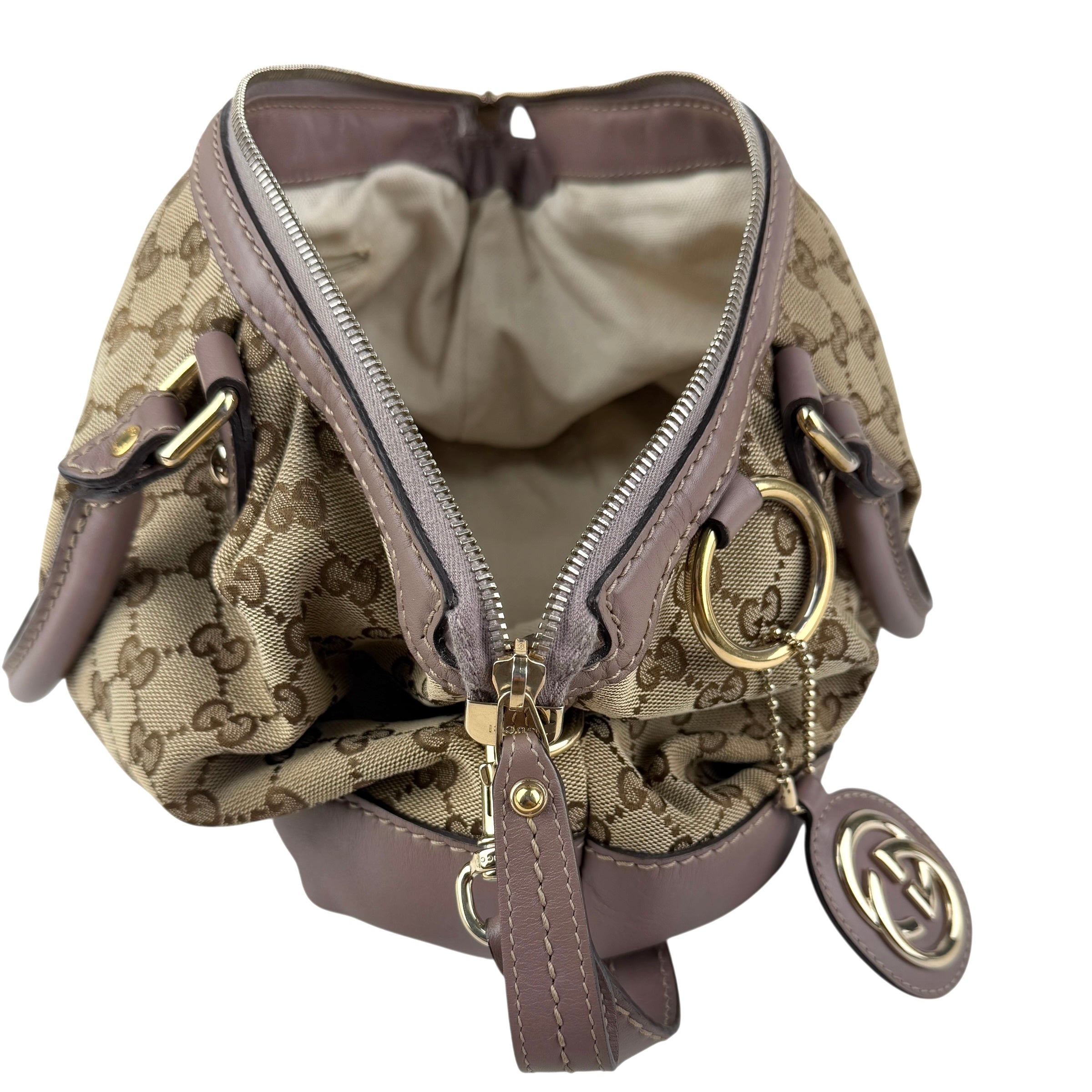 Pre-owned gucci-gg-canvas-sukey-top-handle-handbag-beige-purple