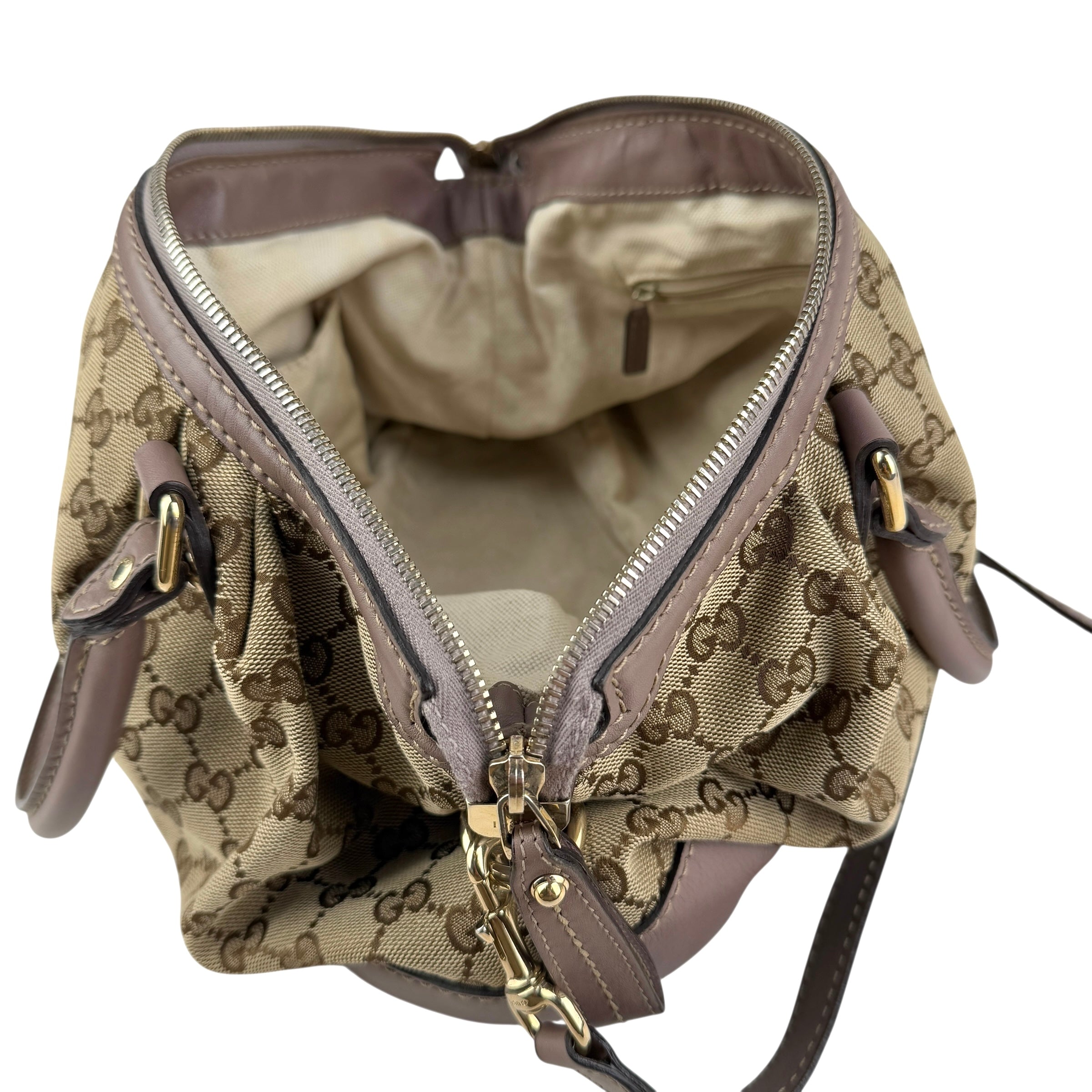 Pre-owned gucci-gg-canvas-sukey-top-handle-handbag-beige-purple