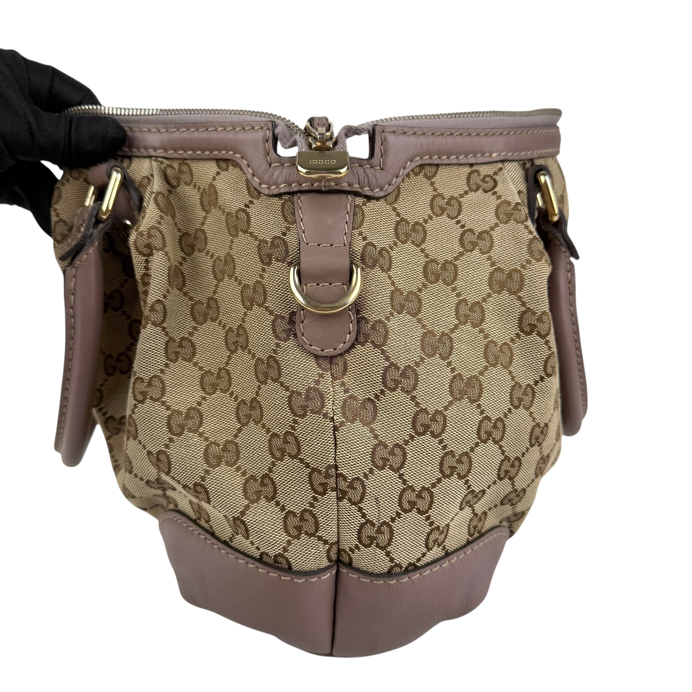 Pre-owned gucci-gg-canvas-sukey-top-handle-handbag-beige-purple