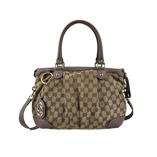 Gucci Beige/Purple GG Canvas Sukey Top Handle Bag
