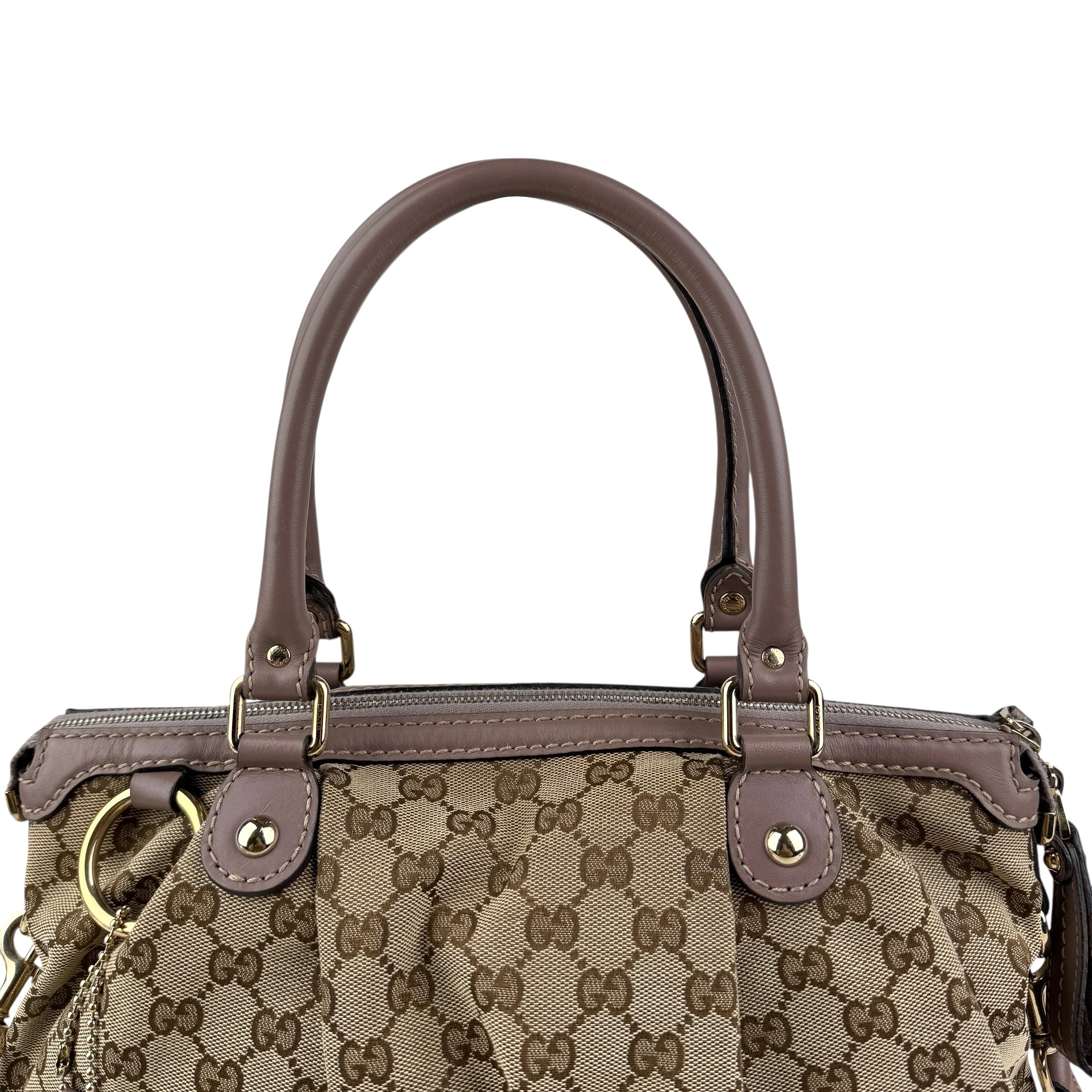 Pre-owned gucci-gg-canvas-sukey-top-handle-handbag-beige-purple