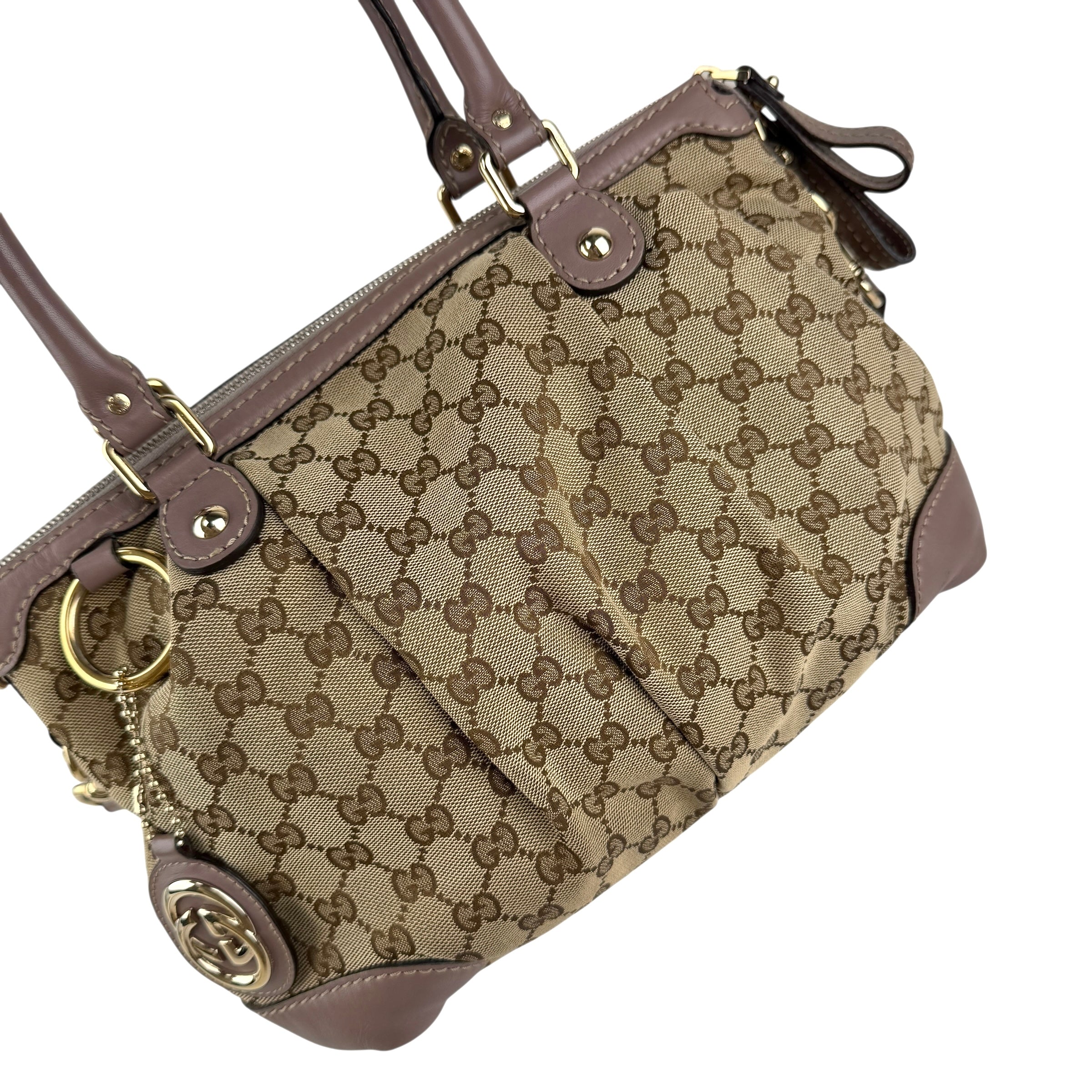 Pre-owned gucci-gg-canvas-sukey-top-handle-handbag-beige-purple