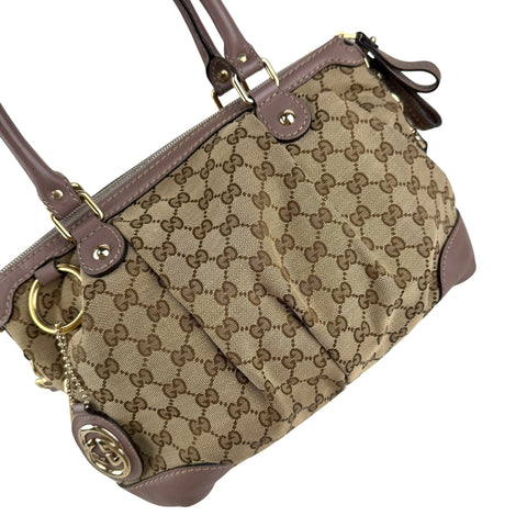 Pre-owned gucci-gg-canvas-sukey-top-handle-handbag-beige-purple