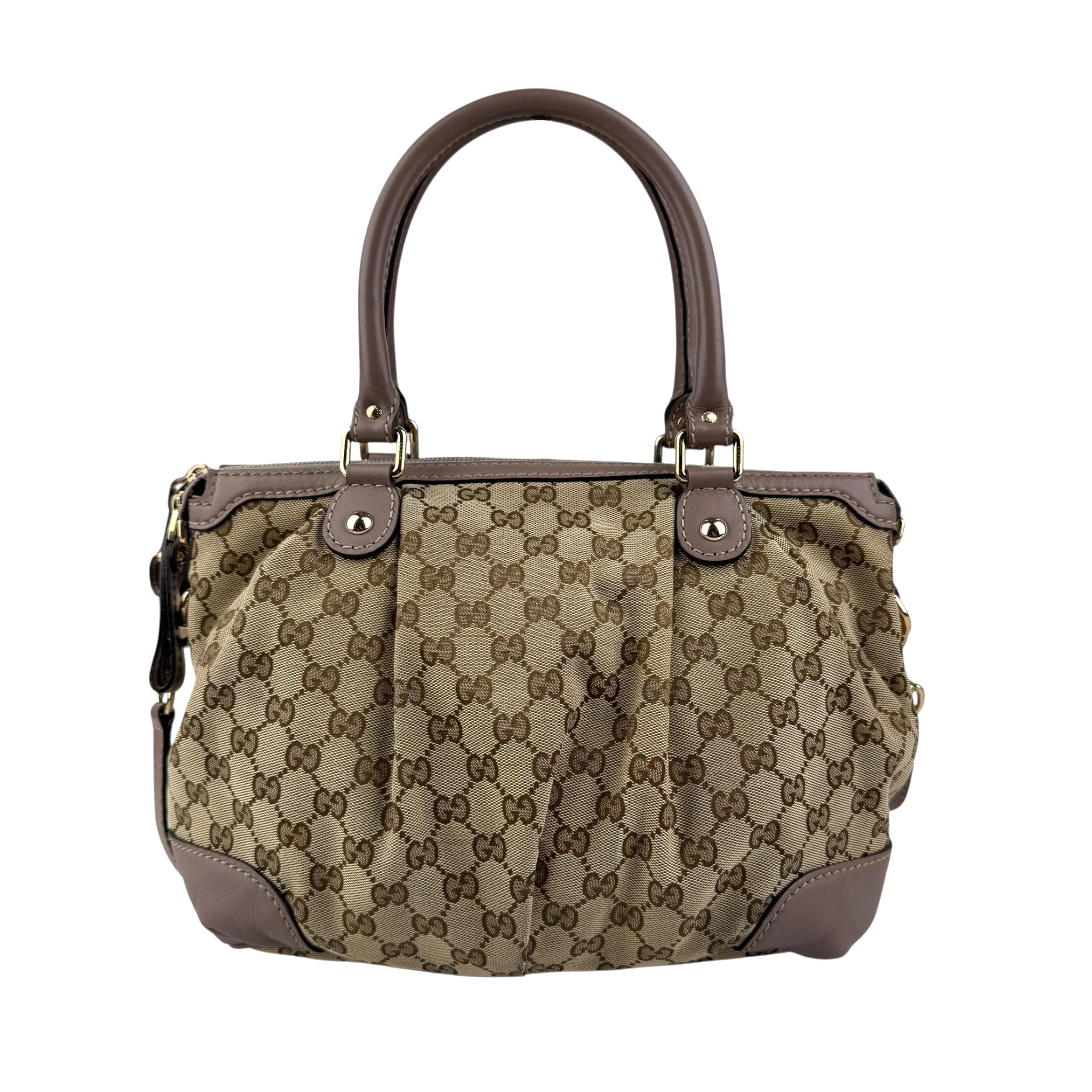 Pre-owned gucci-gg-canvas-sukey-top-handle-handbag-beige-purple back view