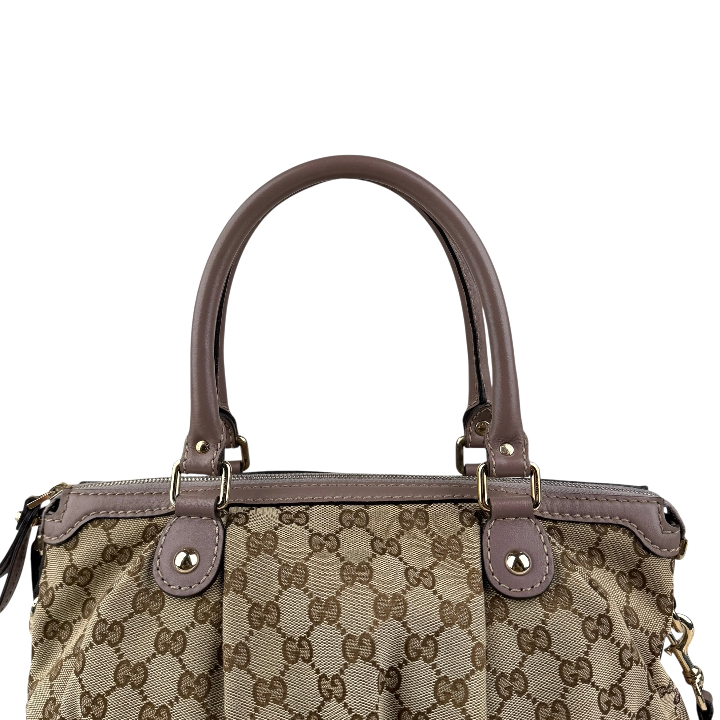 Pre-owned gucci-gg-canvas-sukey-top-handle-handbag-beige-purple