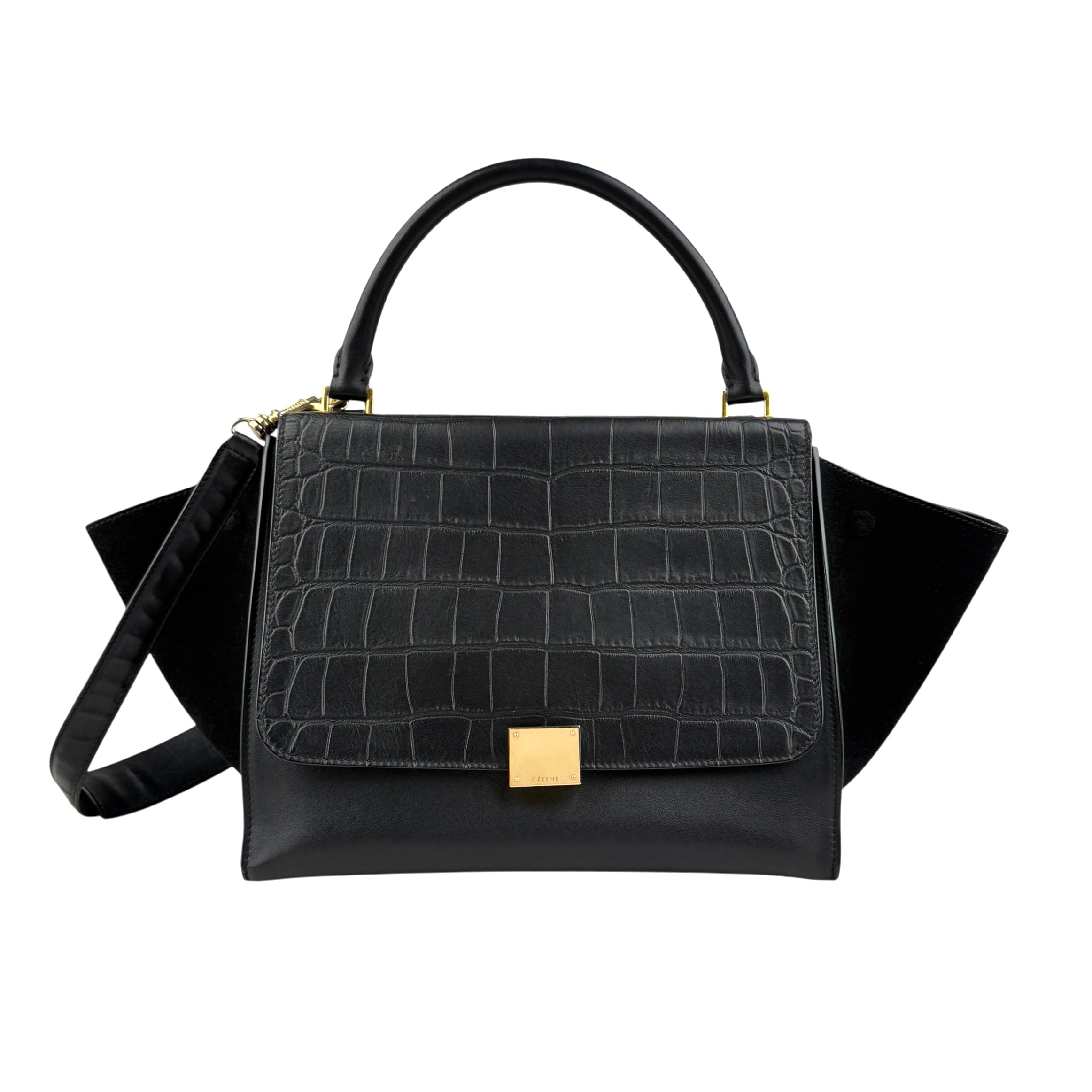 celine-black-leather-suede-croc-embossed-calfskin-trapeze-bag