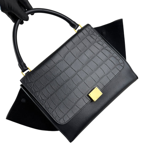 Pre-owned celine-black-leather-suede-croc-embossed-calfskin-trapeze-bag