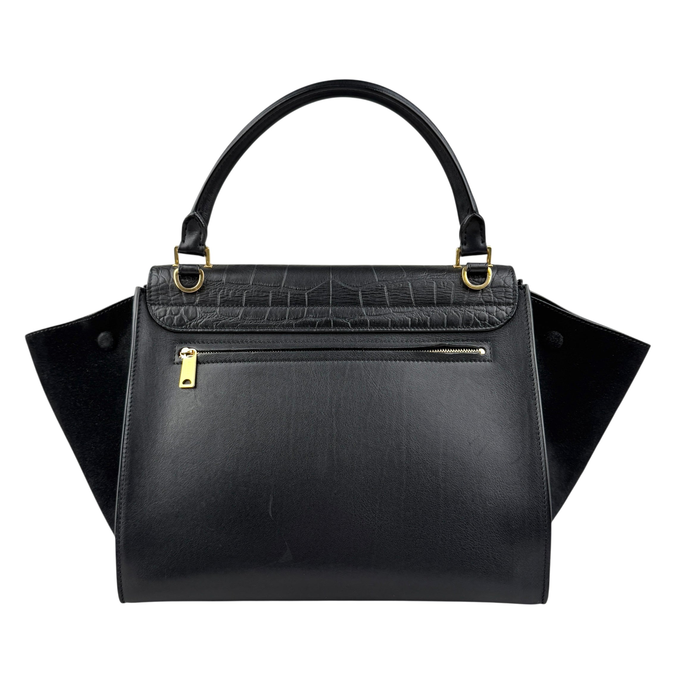 Pre-owned celine-black-leather-suede-croc-embossed-calfskin-trapeze-bag back view
