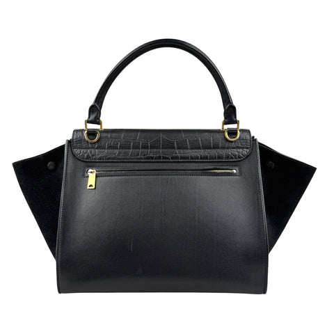 Pre-owned celine-black-leather-suede-croc-embossed-calfskin-trapeze-bag back view