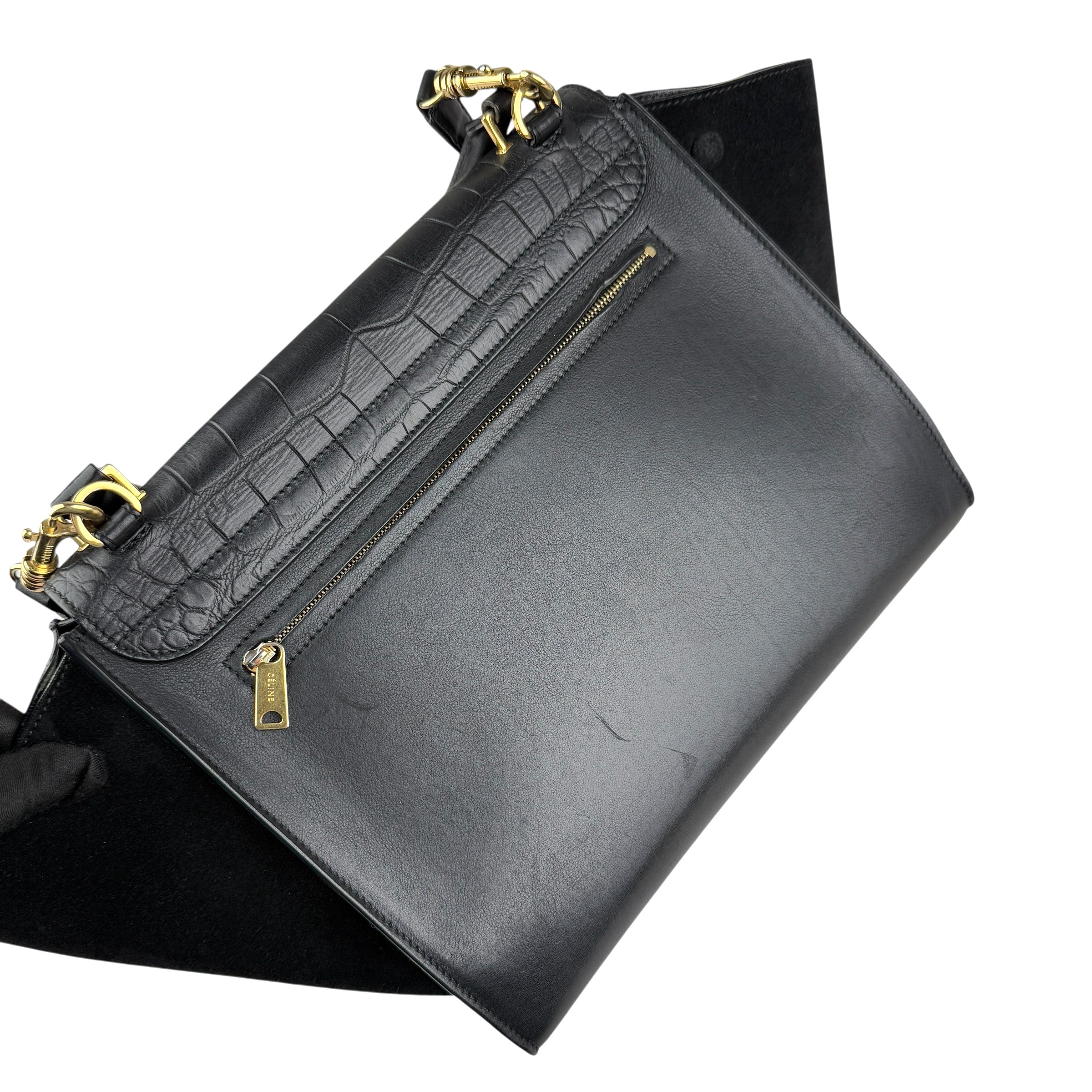 Pre-owned celine-black-leather-suede-croc-embossed-calfskin-trapeze-bag