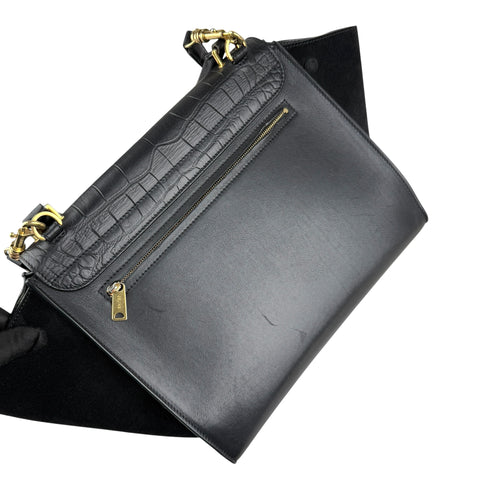 Pre-owned celine-black-leather-suede-croc-embossed-calfskin-trapeze-bag