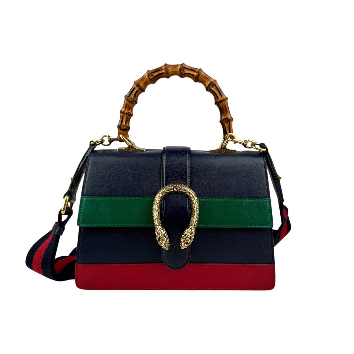 Gucci Black/Green/Red Striped Leather Bamboo Top Handle Medium Dionysus Bag