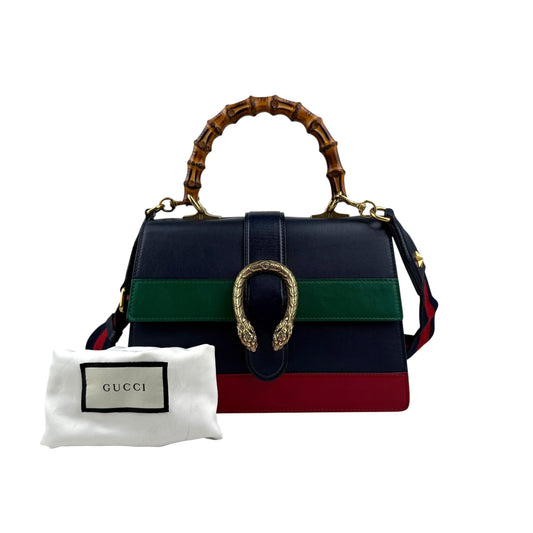 Pre-owned gucci-medium-dionysus-bamboo-top-handle-bag-black-green-red-striped-leather back view
