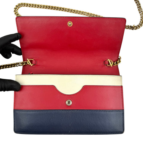 Pre-owned Gucci Calfskin Queen Margaret Chain Wallet Blue Agata Hibiscus Red Mystic White