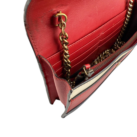 Pre-owned Gucci Calfskin Queen Margaret Chain Wallet Blue Agata Hibiscus Red Mystic White