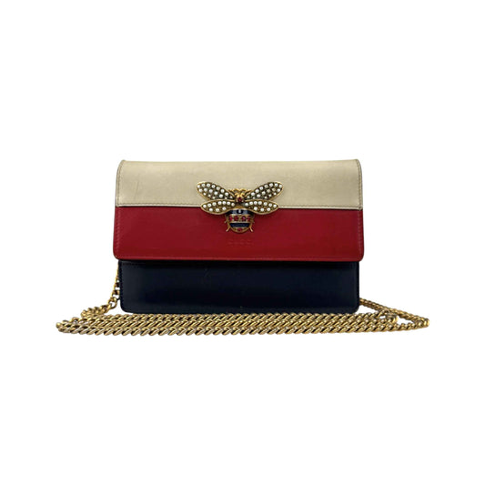 Gucci Calfskin Queen Margaret Chain Wallet Blue Agata Hibiscus Red Mystic White