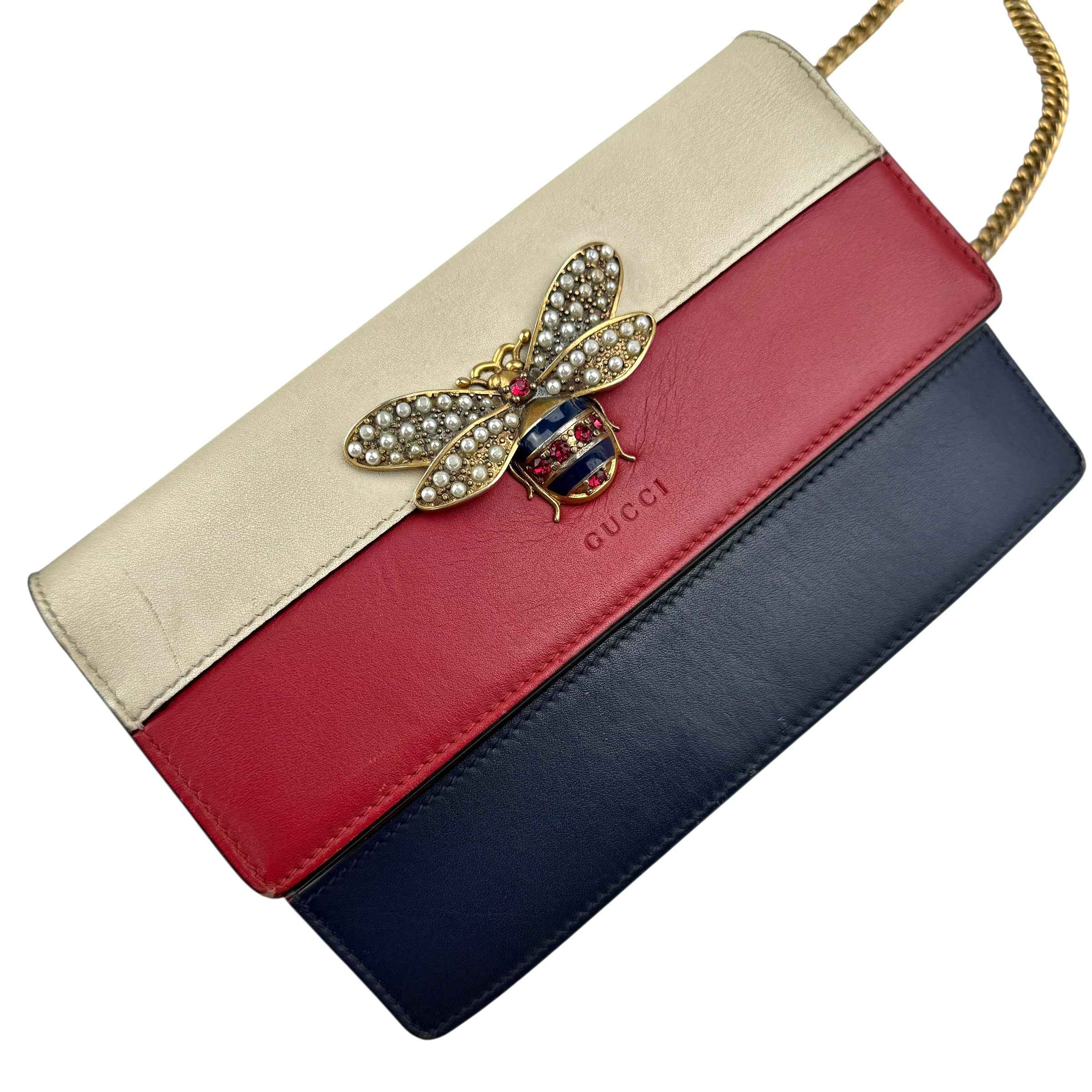 Gucci Calfskin Queen Margaret Chain Wallet Blue Agata Hibiscus Red Mystic White