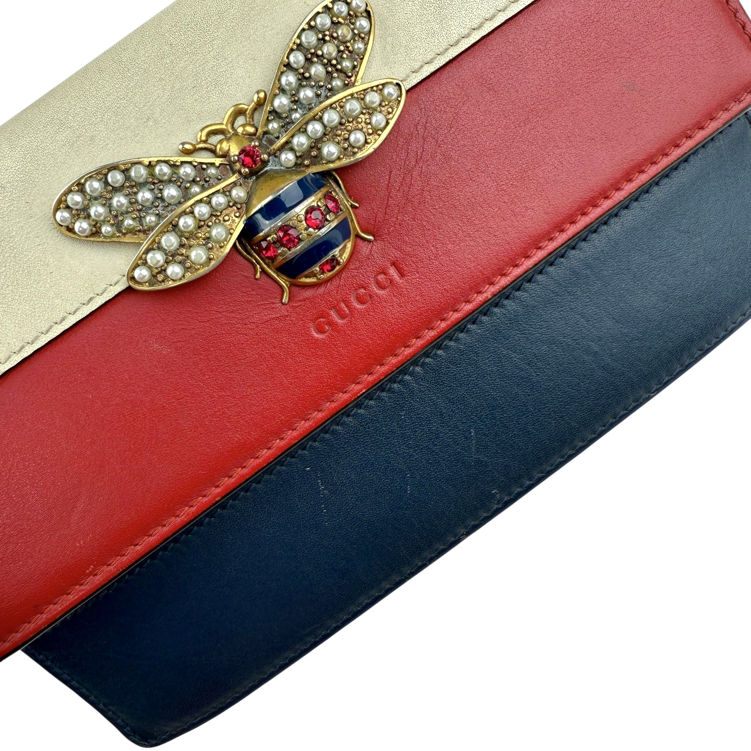 Pre-owned Gucci Calfskin Queen Margaret Chain Wallet Blue Agata Hibiscus Red Mystic White