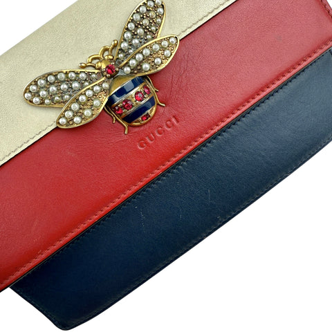 Pre-owned Gucci Calfskin Queen Margaret Chain Wallet Blue Agata Hibiscus Red Mystic White
