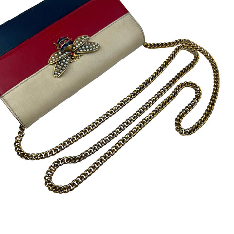 Pre-owned Gucci Calfskin Queen Margaret Chain Wallet Blue Agata Hibiscus Red Mystic White
