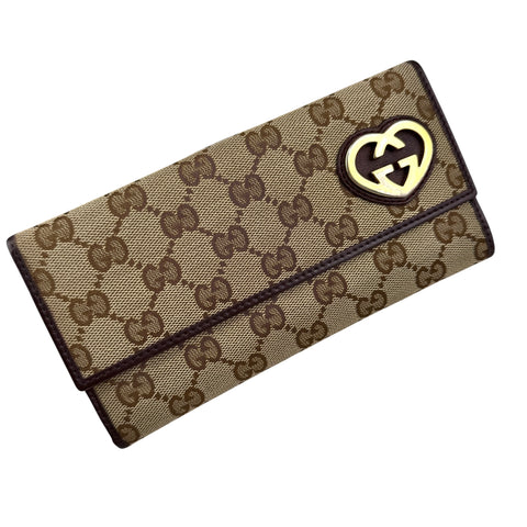 Gucci Lovely Brown Canvas Leather Long Wallet
