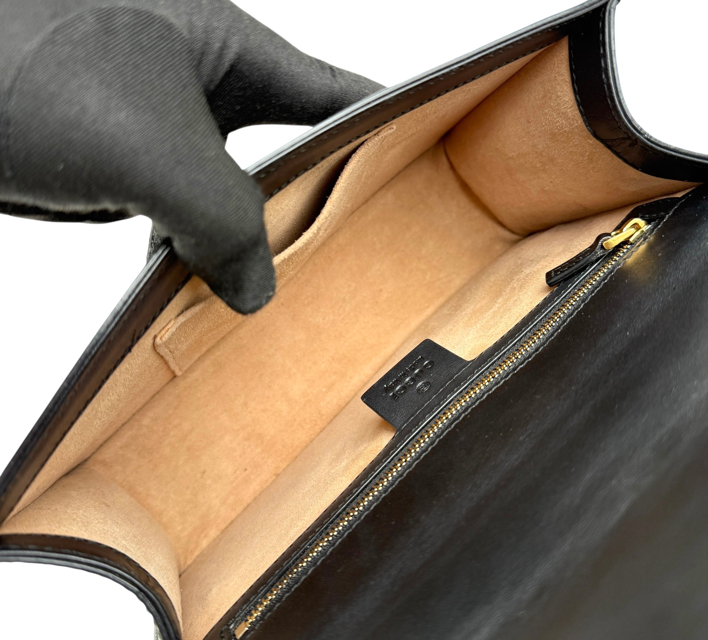 gucci black leather web sylvie shoulder bag inside