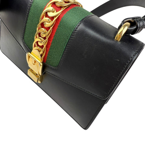 Gucci Black Leather Web Sylvie Shoulder Bag