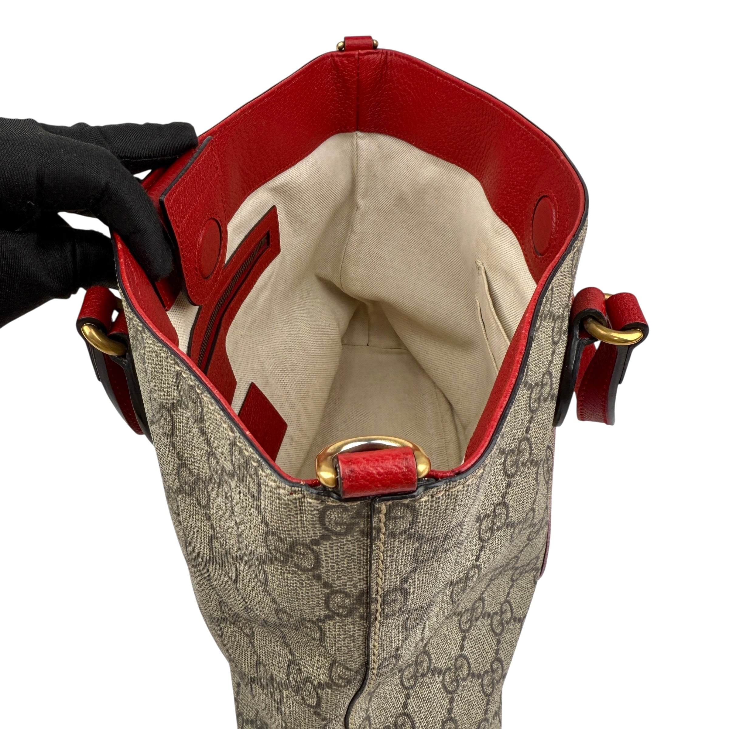 Pre-owned gucci beige/brown cc supreme coated canvas red leather bosco tote bag front