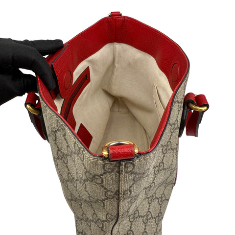 Pre-owned gucci beige/brown cc supreme coated canvas red leather bosco tote bag front