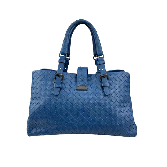 Pre-owned Bottega Veneta Blue Intrecciato Woven Nappa Leather Roma Tote Bag tote bag back view