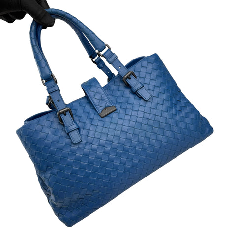 Pre-owned Bottega Veneta Blue Intrecciato Woven Nappa Leather Roma Tote Bag tote bag