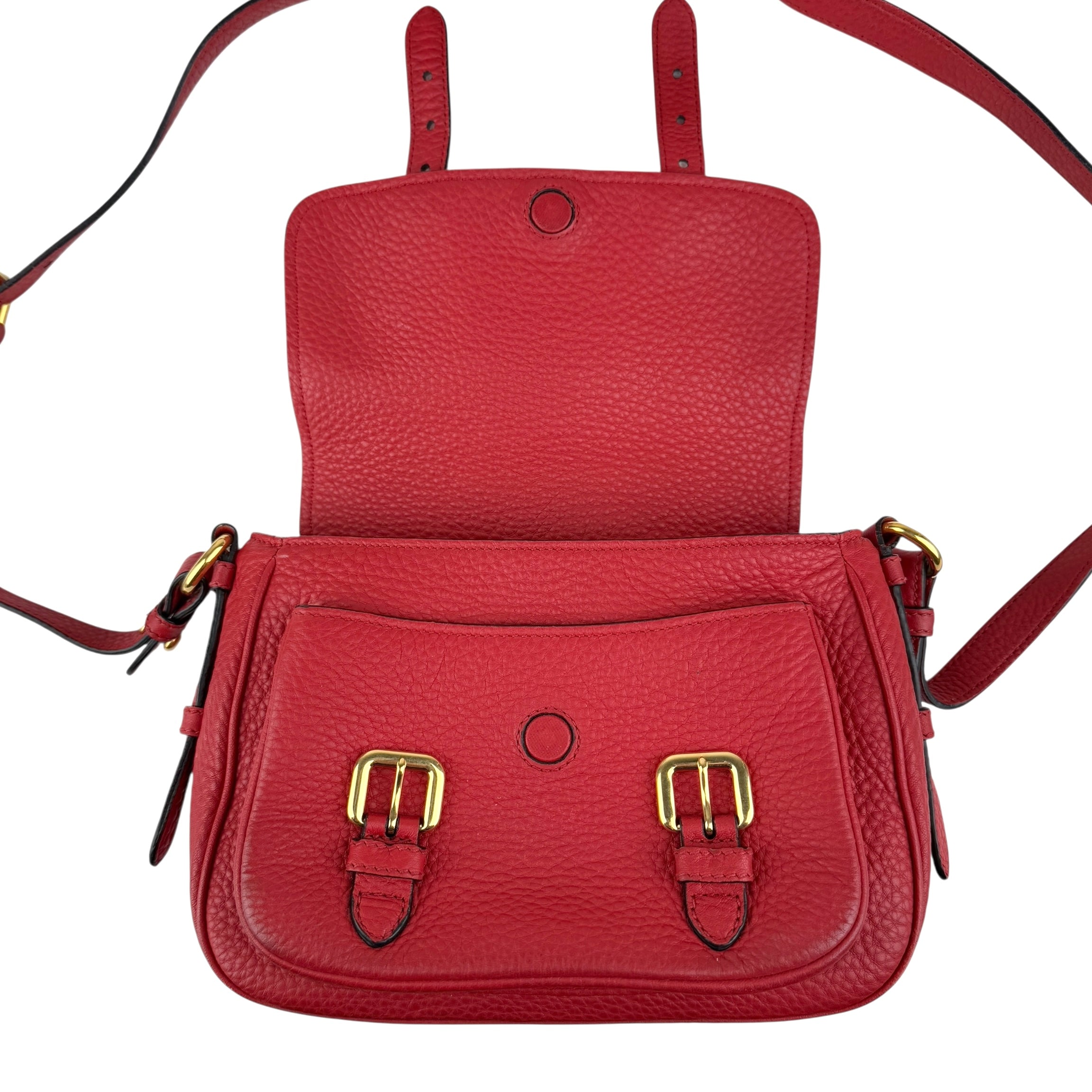 Pre-owned prada red leather buckle flap shoulder bag front