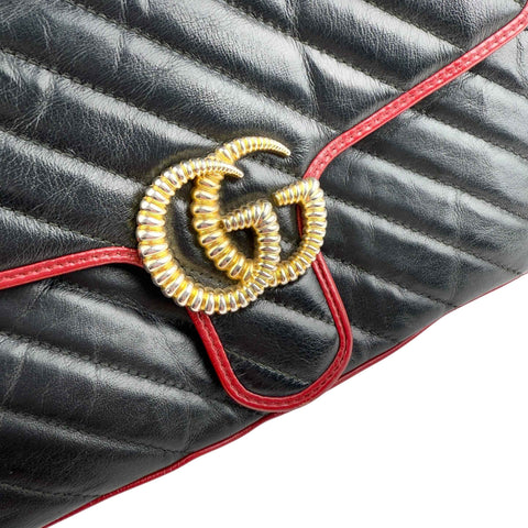 Gucci Black/RedQuilted Leather Marmont Torchon Flap Bag