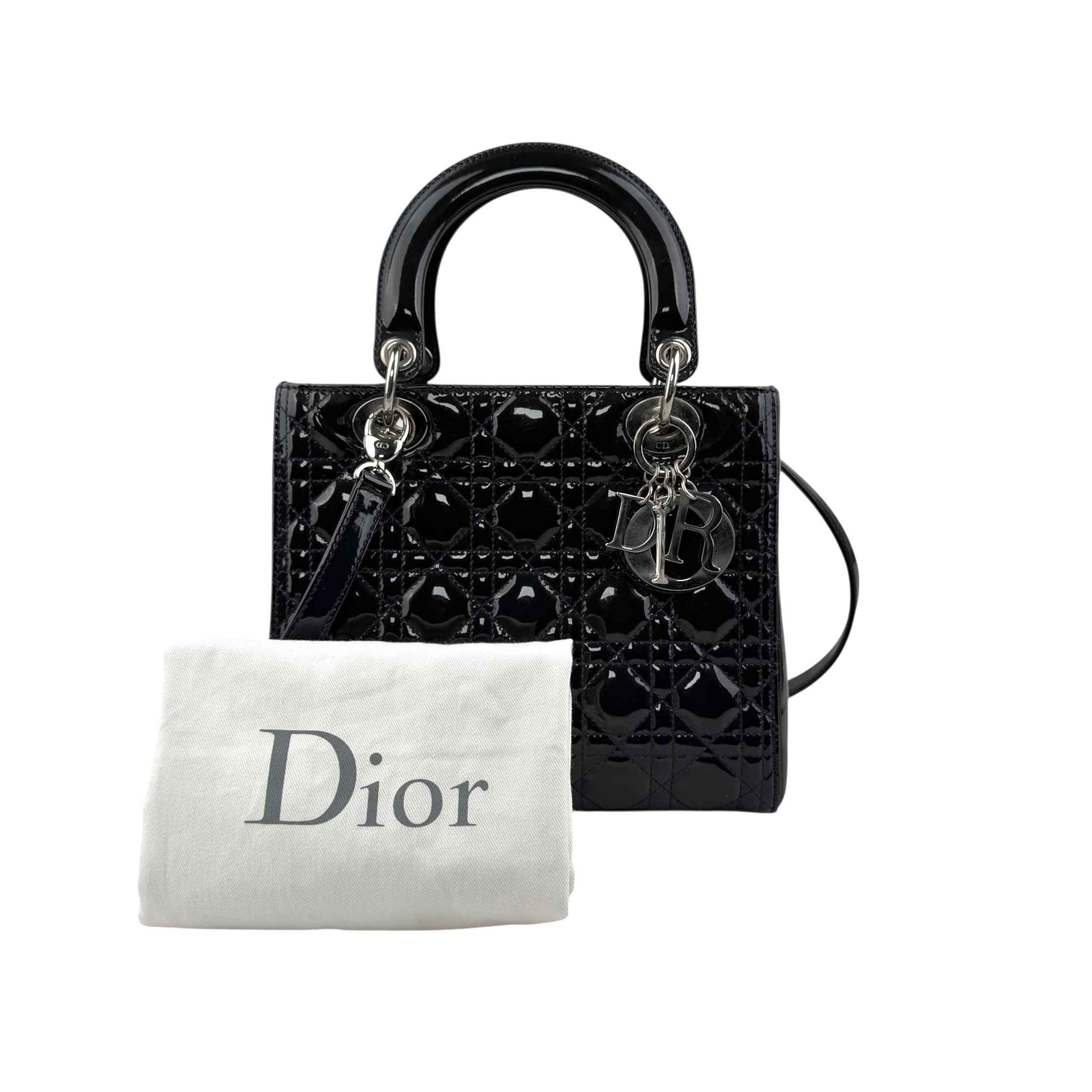 Dior Black Cannage Quilted Patent Leather Lady Dior Bag