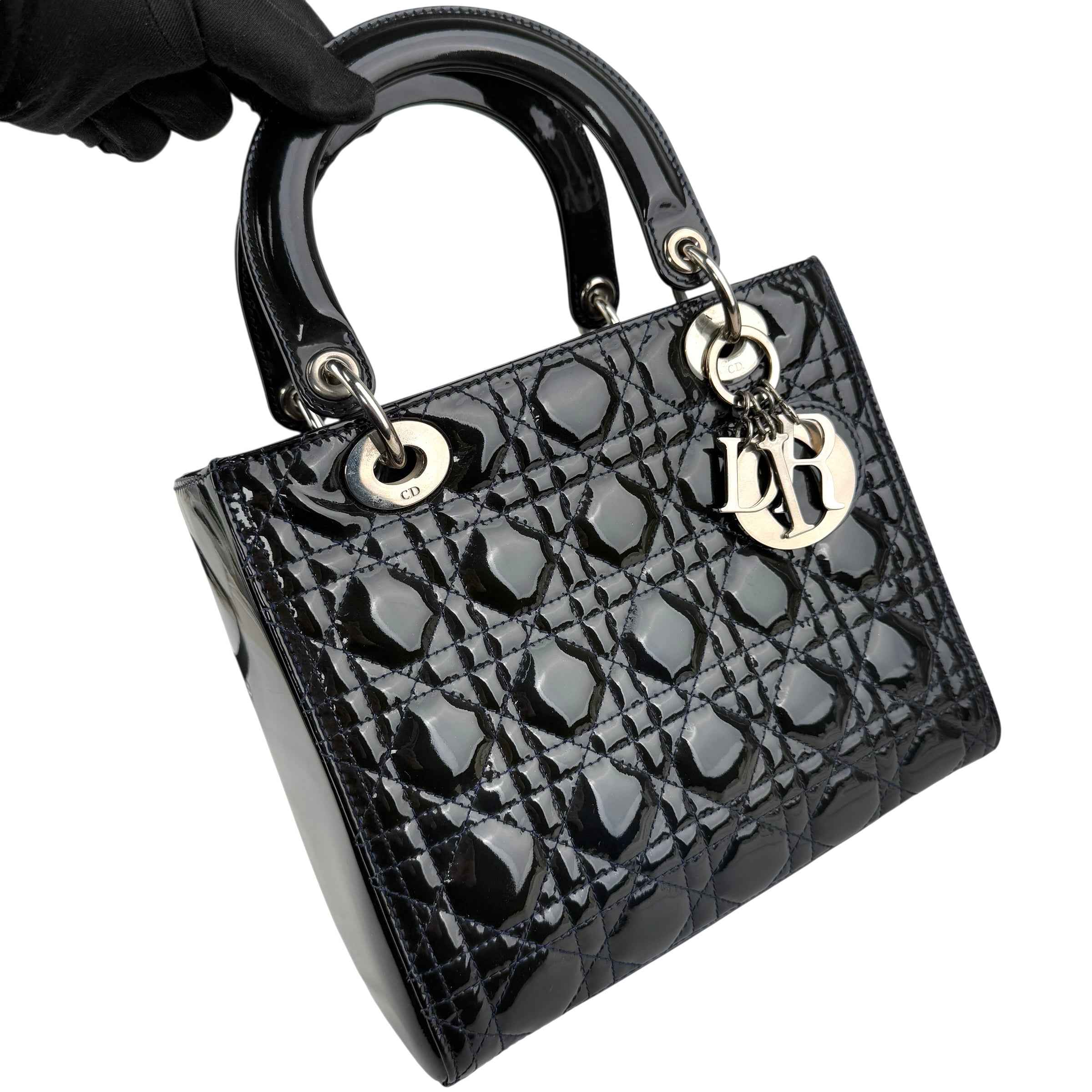 Dior Black Cannage Quilted Patent Leather Lady Dior Bag