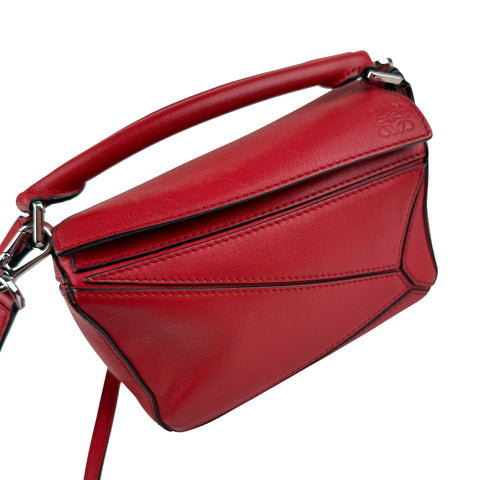 Loewe Red Pebbled Calfskin Leather Mini Puzzle Bag