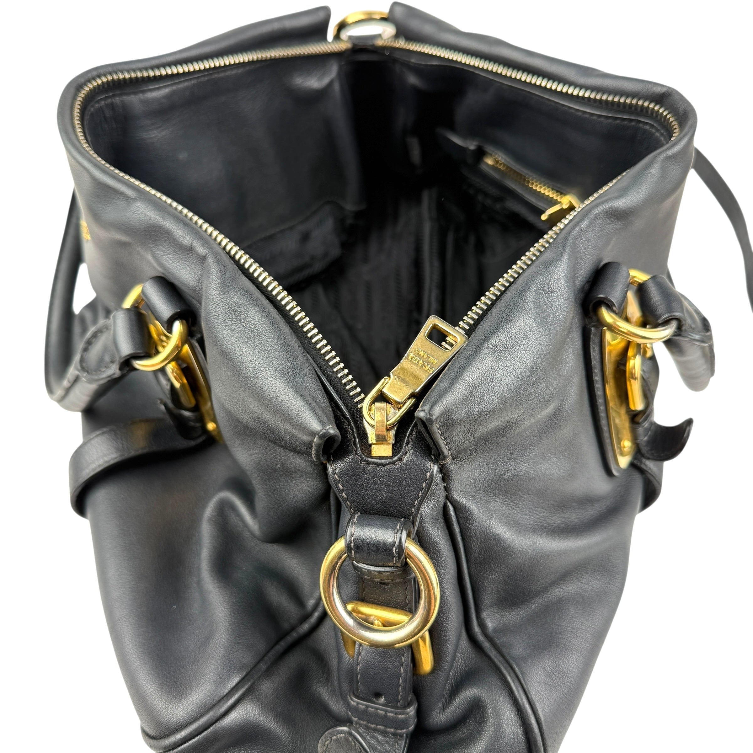 prada black soft calf leather satchel bag