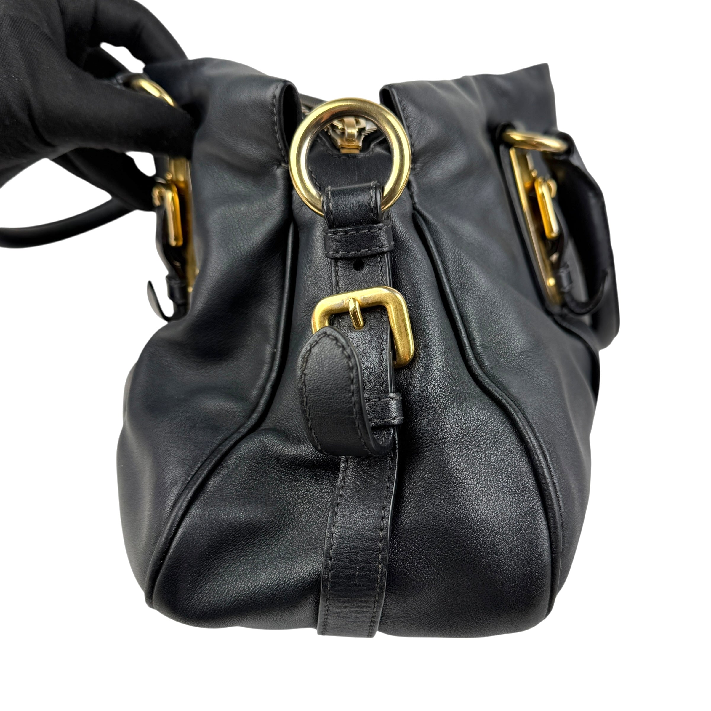 prada black soft calf leather satchel bag left