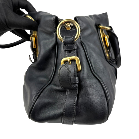 prada black soft calf leather satchel bag left