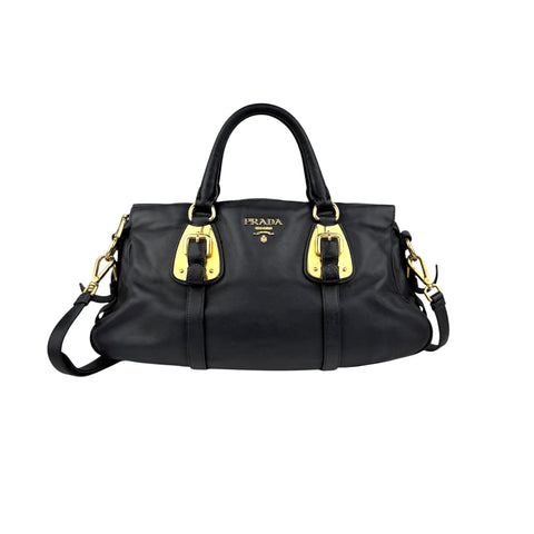 prada black soft calf leather satchel bag front