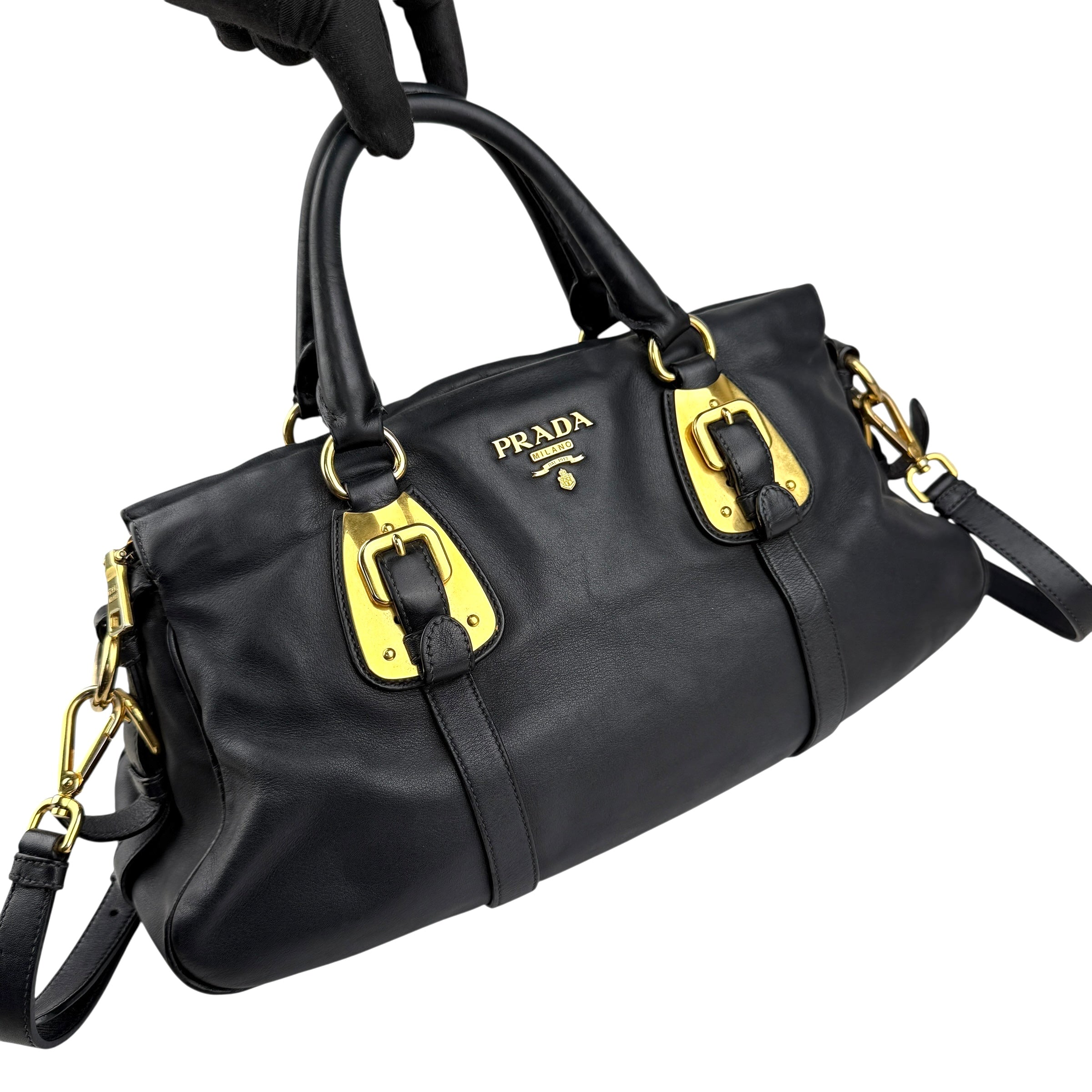 prada black soft calf leather satchel bag left front 45