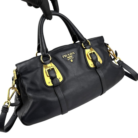 prada black soft calf leather satchel bag left front 45