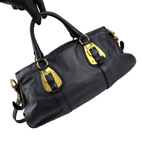 prada black soft calf leather satchel bag left back 45