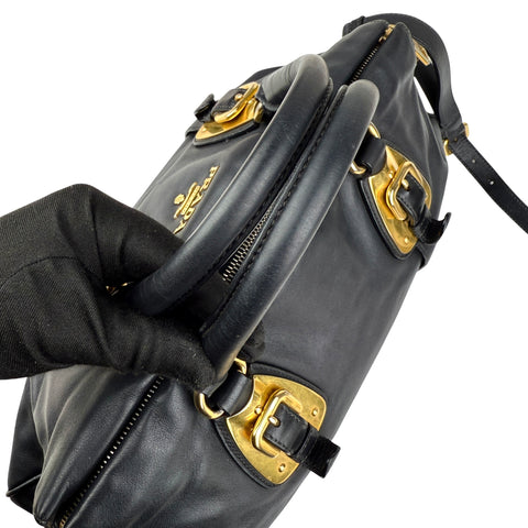 prada black soft calf leather satchel bag handle detail