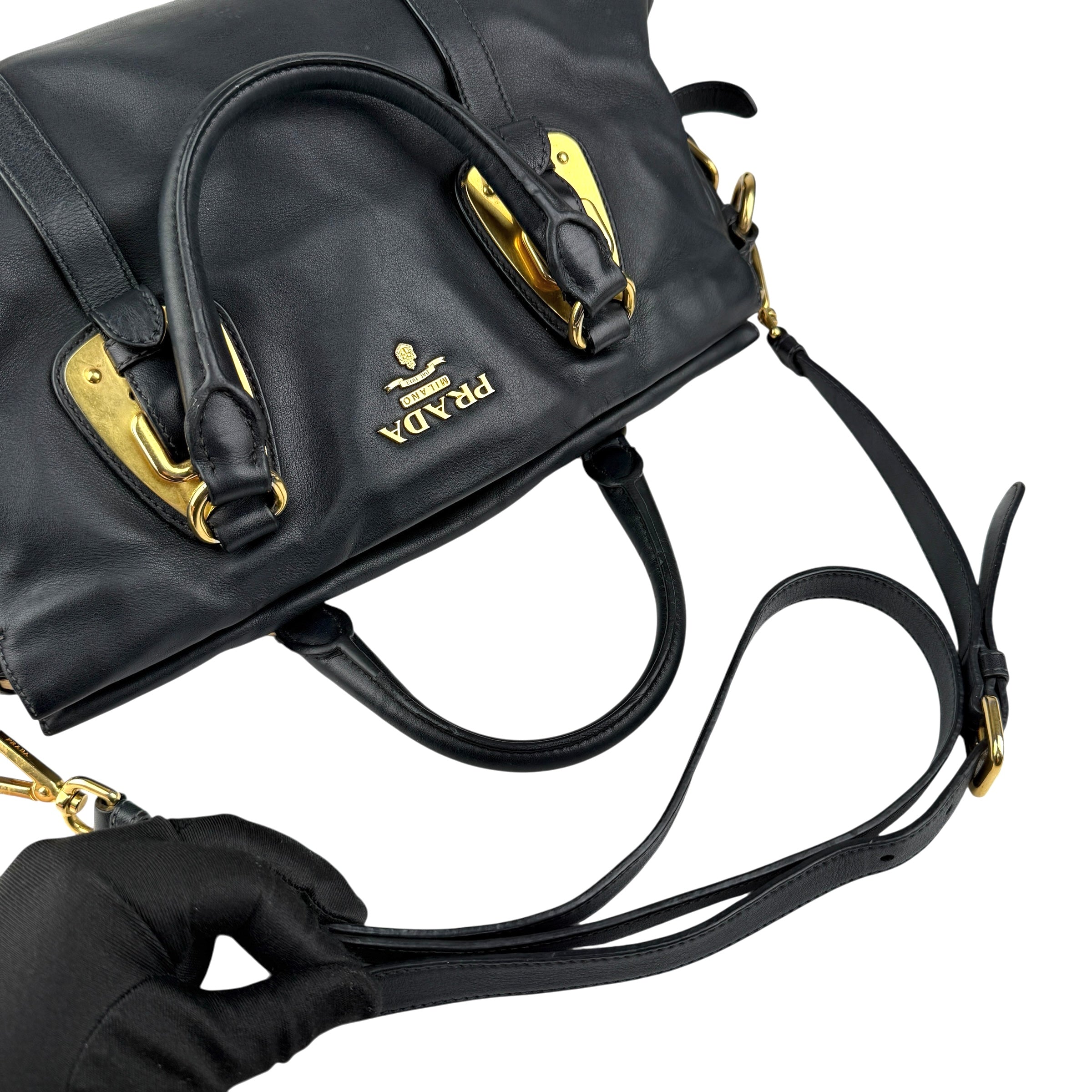 prada black soft calf leather satchel bag handle detail