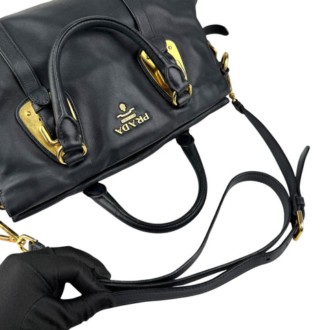 prada black soft calf leather satchel bag handle detail