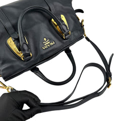 prada black soft calf leather satchel bag handle detail