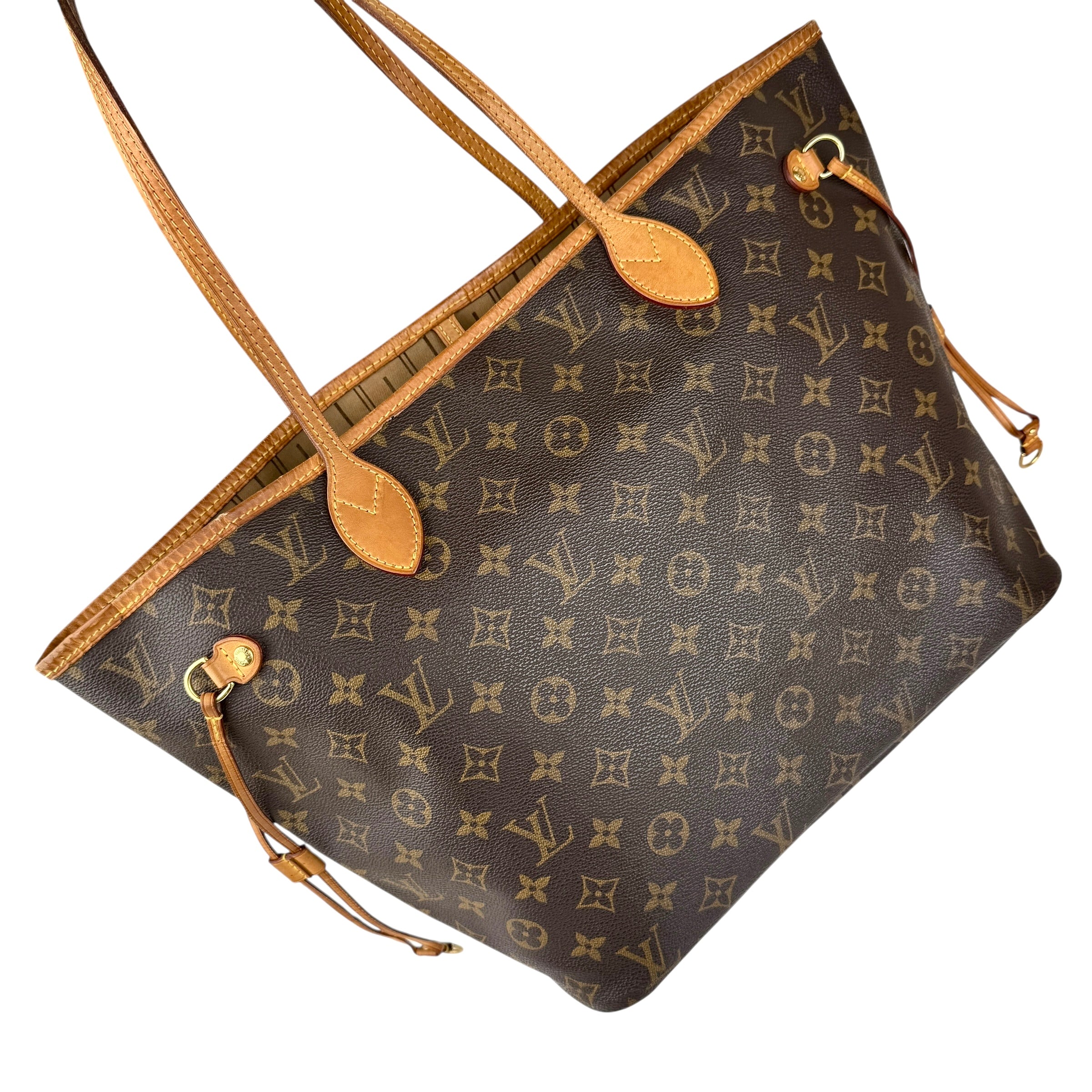 louis vuitton neverfull tote mm brown canvas monogram left front 45