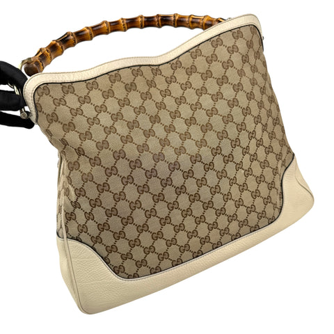 Pre-owned Gucci Beige/White GG Canvas Diana Bamboo Shoulder Bag